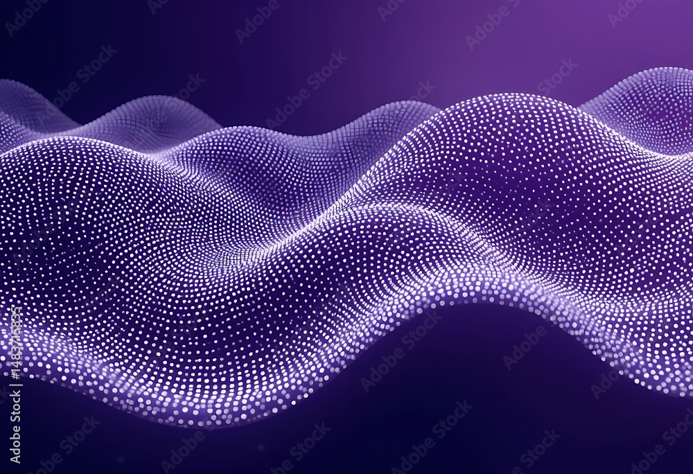 Poster abstract purple wave pattern made of glowing particles on a gradient background