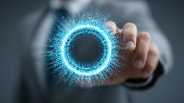 Hand touches a glowing blue circle representing technology or futuristic concept. - Powered by Adobe