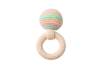 PNG Colorful knitted baby rattle with pastel stripes and ring handle