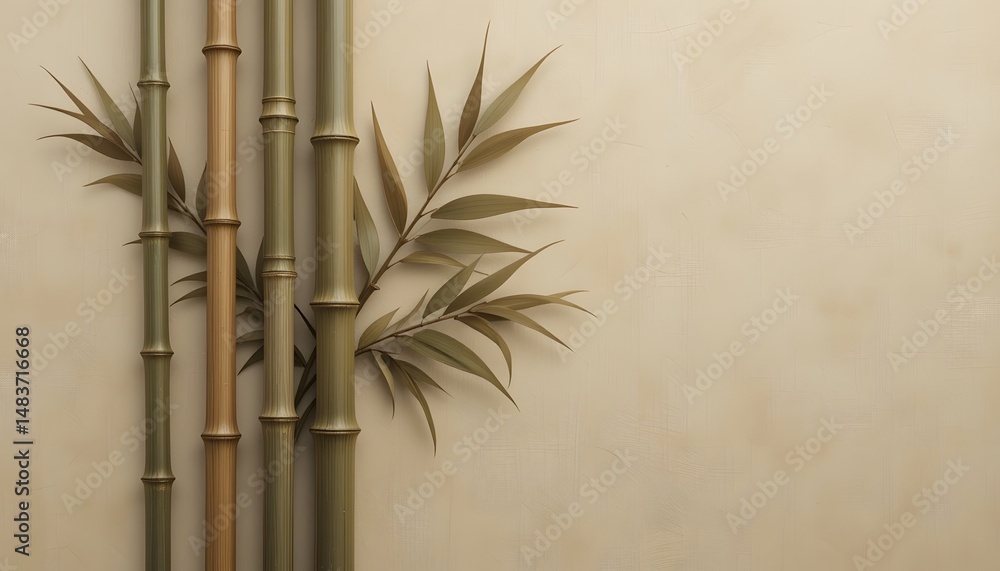 Poster minimalist bamboo design, a study in overlapping stems and textured beige. serene botanical art for 