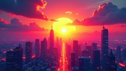 Fototapeta premium A vibrant sunrise over a futuristic cityscape, symbolizing hope and progress , modern, future, potential