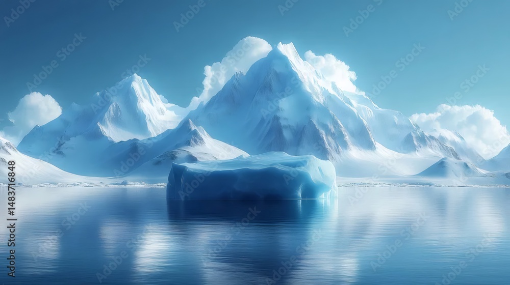 Poster 氷山の風景 青い氷と雪山と穏やかな水面 冬の日の自然の美しさの眺め