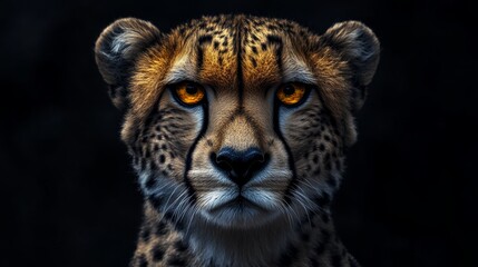 Fototapeta premium Cheetah in action african savanna wildlife photography dark environment close-up viewpoint striking golden eyes concept