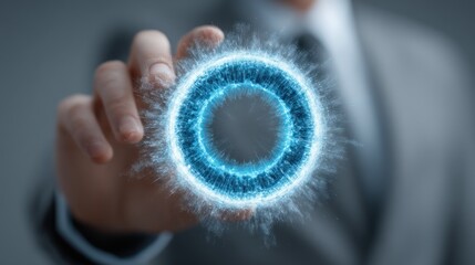 Hand interacts with a glowing blue circular digital interface in a blurred setting.