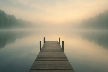 Fototapeta premium Foggy lake background, a solitary dock.