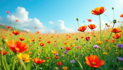 Obraz premium Brightly colored wildflowers in field, clear blue sky, bloom, beauty, bright