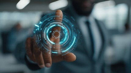 Person in suit interacts with a glowing digital interface in blurred background.