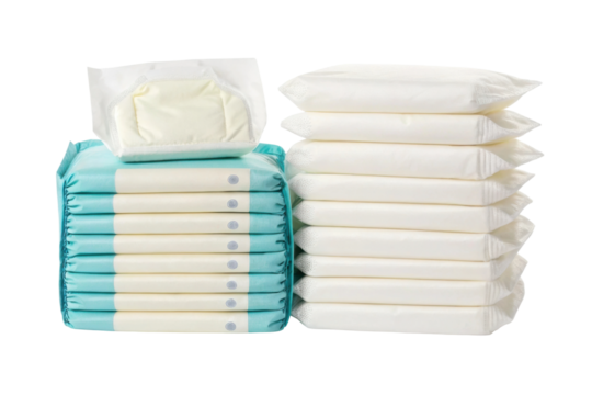 PNG Stack of adult diapers and incontinence pads on white background