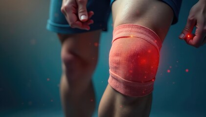 Close-up of a bandaged knee, showing injury and recovery , pain, emergency