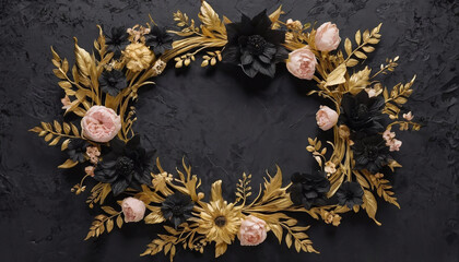 Close up wreath, blooming flowerbeds of amazing black flowers on dark moody floral textured background.