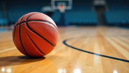 Naklejka premium Close-up of a basketball on a polished court floor, ready for the next game , victory, grain