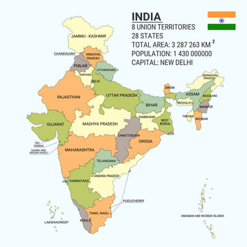 India map with state names. Vector illustration with editable outlines. Political division into states. Correct forms and proportions of India borders.