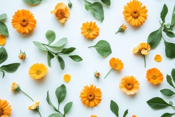 Floral pattern with calendula flowers and green leaves for backgrounds and wallpapers, botanical designs, and decorative arts.
