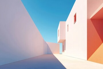明るい日光の下の白い壁と青い空を持つミニマリスト建築デザイン ミニマルな幾何学的構造がクリーンなラインとシャドウで特徴付けられた現代的な背景