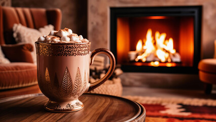 Hot testy chocolate with marshmallows by cozy fireplace and decorated Christmas tree