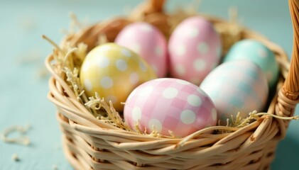 Obraz premium Close-up of pastel checkered Easter eggs in a basket, spring holiday theme , pastel colors, spring, close up