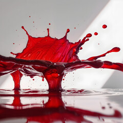 Splash of red liquid captured mid-motion on a white reflective surface.