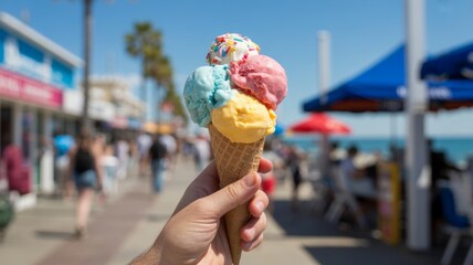 Enjoying a vibrant, colorful ice cream cone on a sunny beach boardwalk scene.