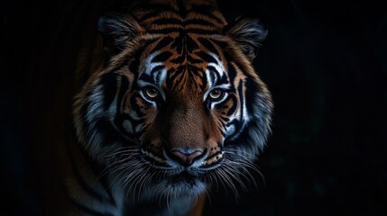 Fototapeta premium Tiger's sharp eyes glowing in the dark jungle night wildlife photography mysterious environment close-up alertness and beauty