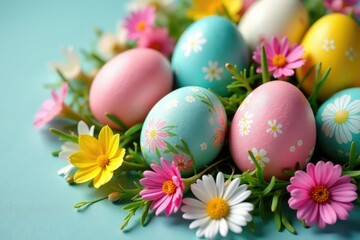 Colorful Easter eggs decorated with flowers and ribbons, ready for a spring celebration , homemade, festive