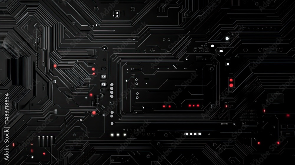 Poster a detailed close up of a dark circuit board with intricate patterns and illuminated red and white li