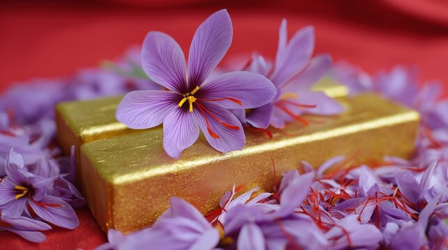Saffron flowers and gold bars on red fabric - luxurious nature and wealth symbolism