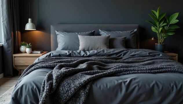 Dark grey bed with plush pillows, textured throw, bedroom, relax