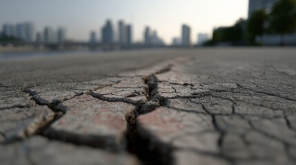 Obraz premium Urban landscape with cracked pavement foreground, leading to a blurred city skyline, symbolizing resilience and the passage of time.