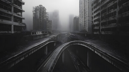 Echoes of Abandonment: A monochromatic tableau of an abandoned city shrouded in mist, with crumbling buildings and a network of deserted highways.