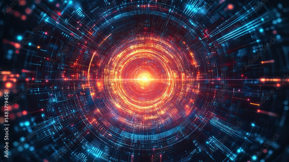 Poster abstract digital tunnel with glowing center and blue and orange circuit board patterns around it