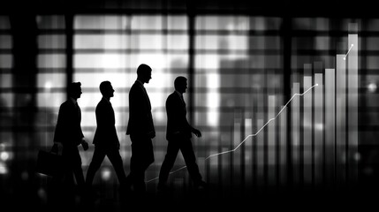 Silhouetted business people walking against a background of financial data or graph.