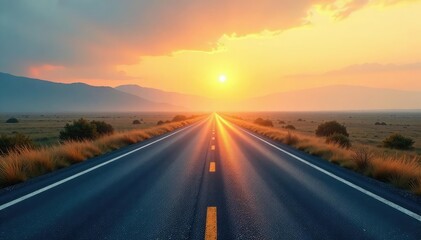 Naklejka premium Endless straight road disappearing into the hazy horizon , adventure, scenic route, clouds