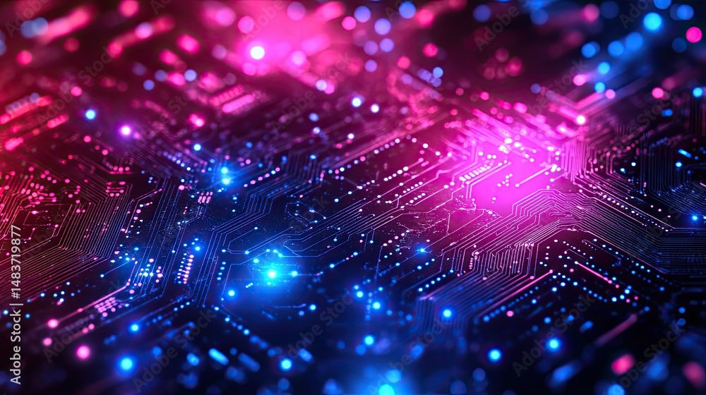Poster a close up view of a circuit board with pink and blue lights creating a futuristic atmosphere