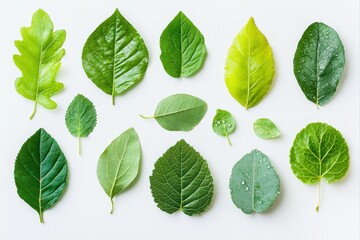 Assorted green leaves of various plants, for botanical study, nature illustration, and educational purposes.