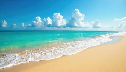 Golden sand meets turquoise sea, idyllic beach scene, sandcastle, getaway