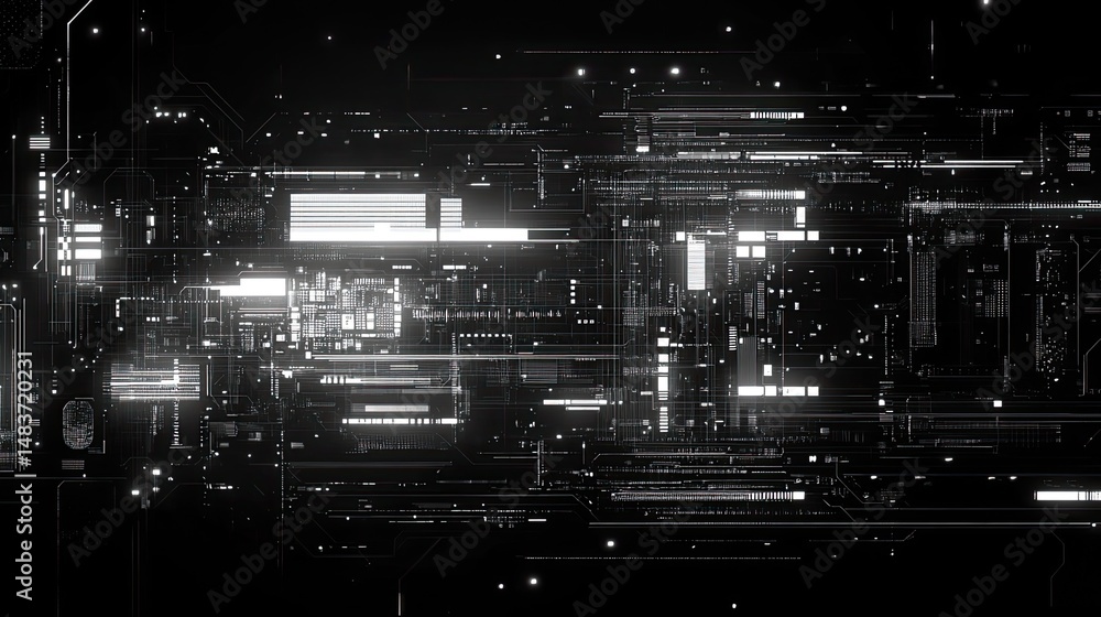 Poster a complex network of glowing white lines and shapes on a black background creating a futuristic city