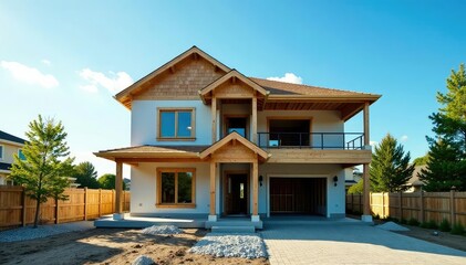 Modern house under construction, framing visible, blue sky , structure, lumber