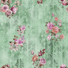 A seamless allover floral pattern featuring delicate blossoms, leaves, and vines in a harmonious...