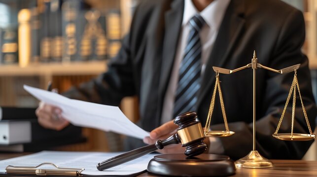 Public defender in a small law office upper torso visible looking at files blurred gavel and scales of justice behind