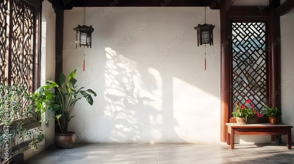 Poster 伝統的な中国風のインテリア 白い壁と木製の窓枠、緑の植物、アンティークランタンが照らす静かで平和な空間