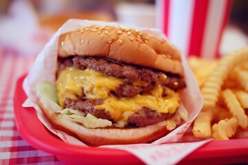 Stacked Double Cheeseburger with Fries in Retro Diner Basket