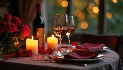 Obraz premium Romantic anniversary dinner setting with candles and wine , romantic, food, warm