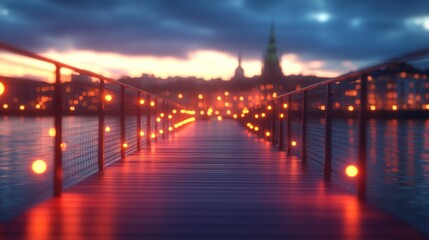 Fototapeta premium Evening city boardwalk illuminated by warm lights