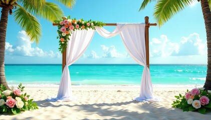 Romantic beach wedding setup with white arch, floral arrangements, and ocean view , peaceful, blue, floral