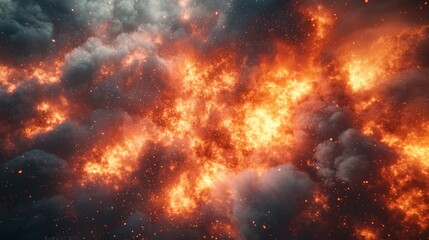 Naklejka premium Intense wildfire flames glowing in dark smoke-filled atmosphere at night.