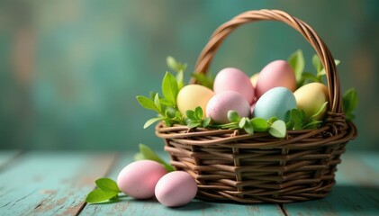 Rustic basket overflowing with pastel eggs & greenery , vintage, spring, symbol