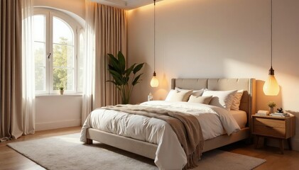 Serene bedroom with soft lighting, plush textiles, serene, sleepspace