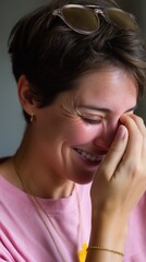 Smiling woman with short hair wipes tears of joy in a cozy indoor setting during daytime