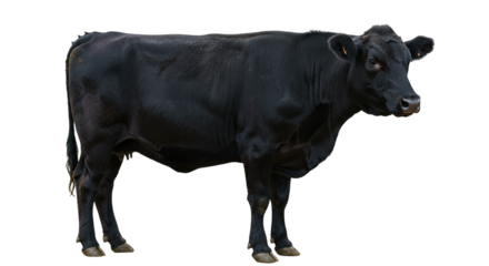 A single black angus cow standing in a field with a plain black background on an overcast day