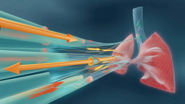 A dynamic illustration of the breath exhalation process with arrows showing airflow into a nanosensor depicting the detection mechanism of early lung cancer indicators through breath